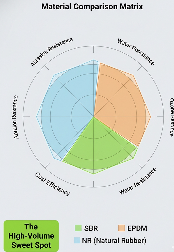 Engineering comparison chart showing SBR O-rings as the optimal balance of high abrasion resistance and low cost compared to Natural Rubber and EPDM