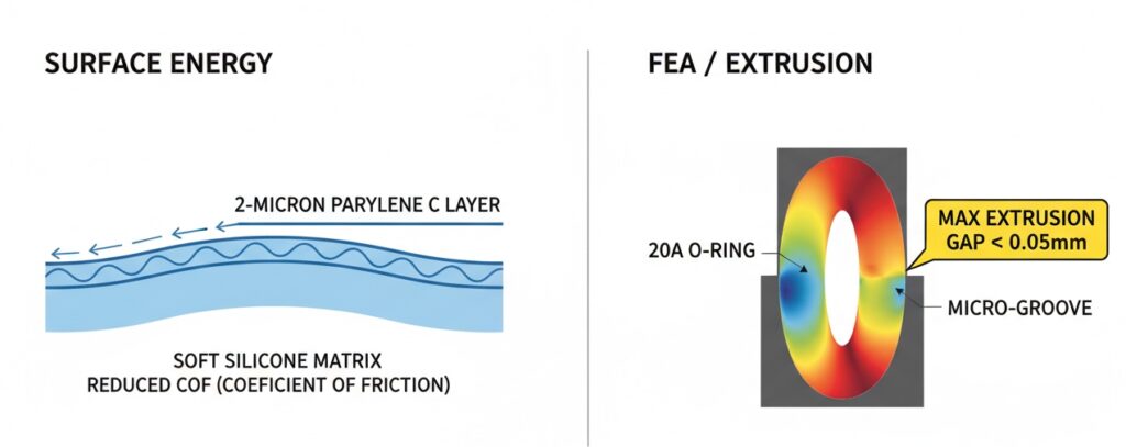 Engineering analysis of soft silicone O-rings detailing Parylene C coating for low friction and FEA load distribution to prevent gap extrusion