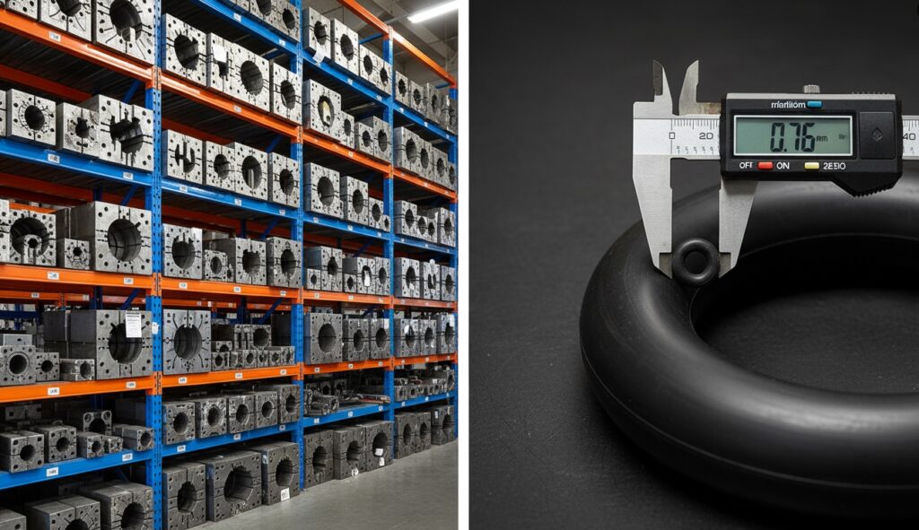 Extensive inventory of AS568 and metric O-ring molds alongside custom micro and giant spliced O-rings