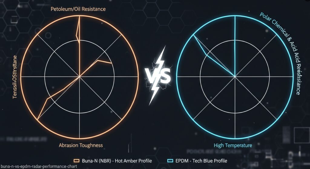 Engineering radar performance chart plotting technical metrics, polar fluid compatibility, and high-temperature limits of Buna-N NBR vs EPDM rubber