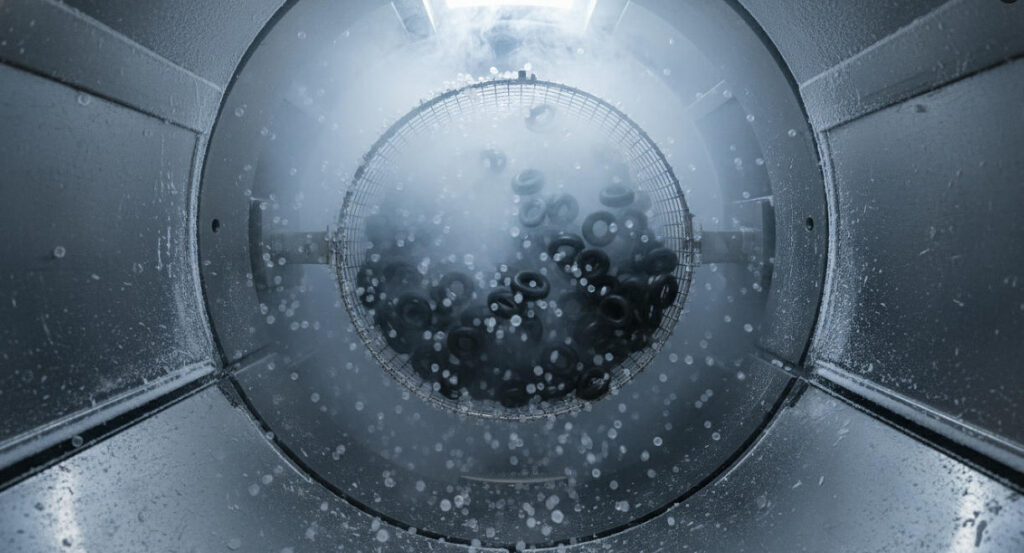 Liquid nitrogen cryogenic deflashing process ensuring zero-flash edges for OEM molded rubber parts
