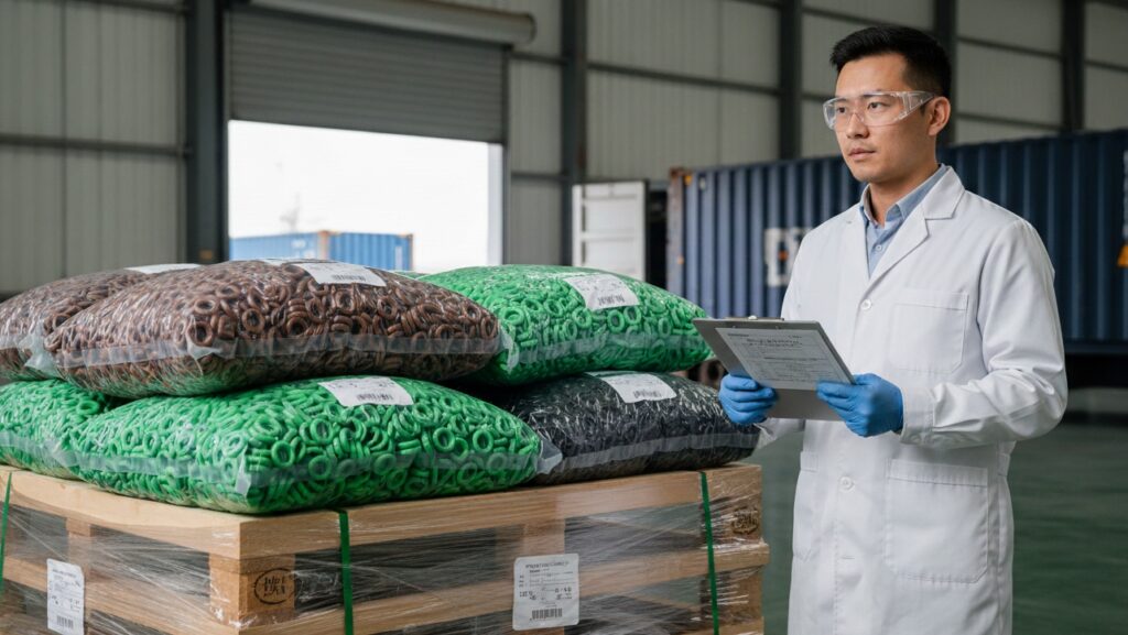QA engineer inspecting vacuum-sealed custom O-rings for wholesale export with PPAP documentation