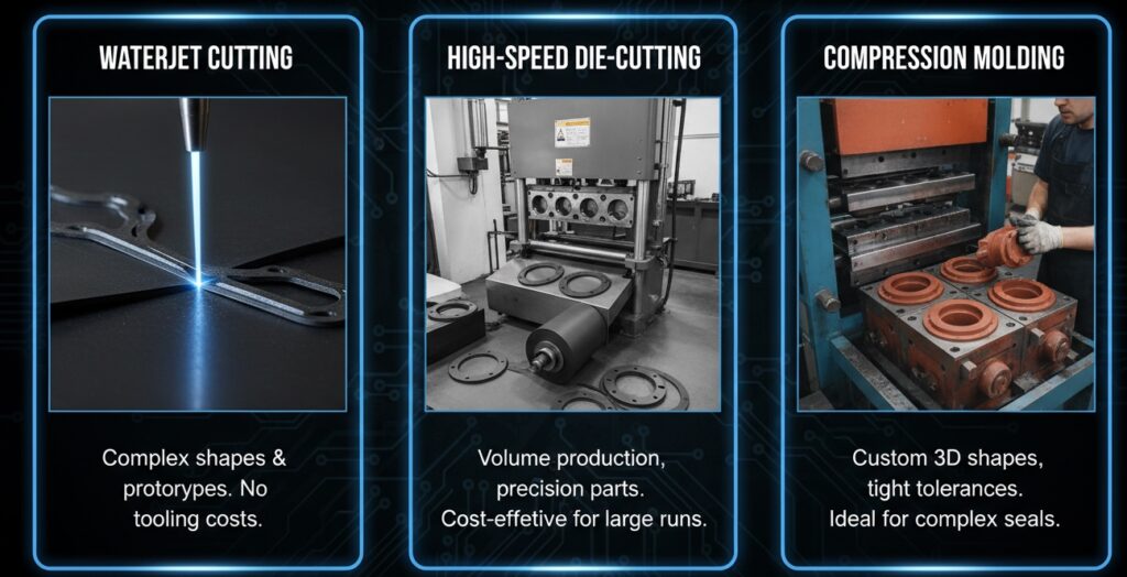 Custom rubber gasket manufacturing processes including waterjet cutting, high-speed die-cutting, and compression molding
