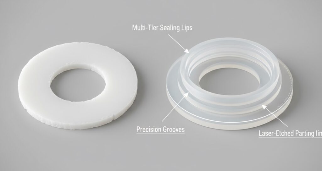 Comparison showing the superior 3D sealing lips of a custom molded silicone rubber gasket