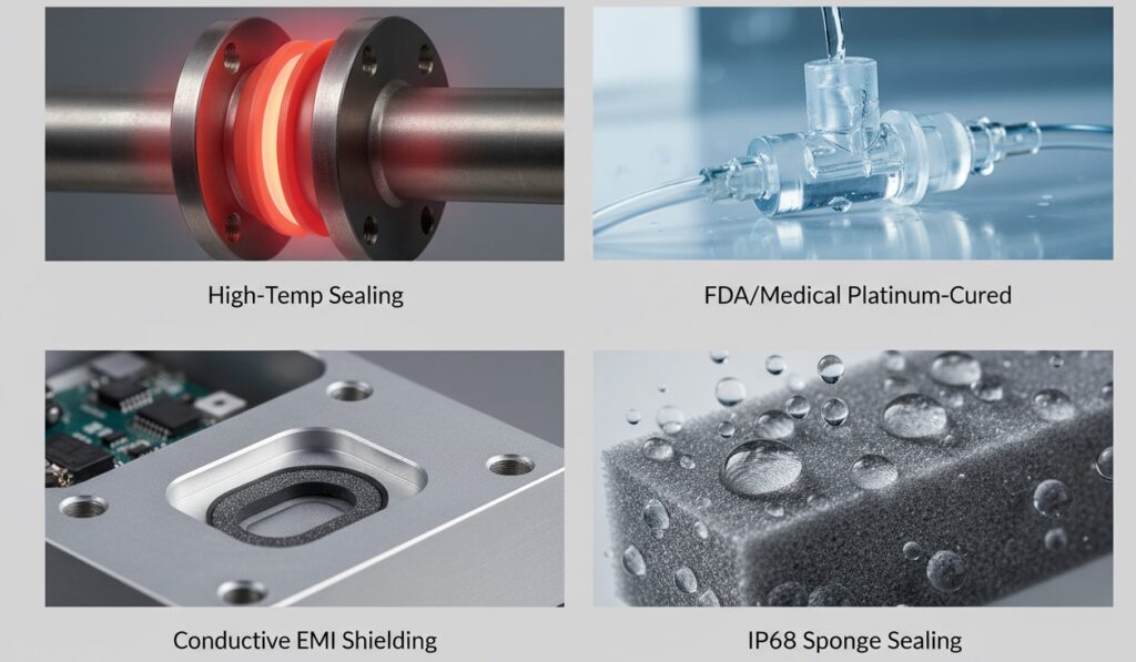 Various grades of custom silicone rubber gasket materials including FDA medical and high temperature