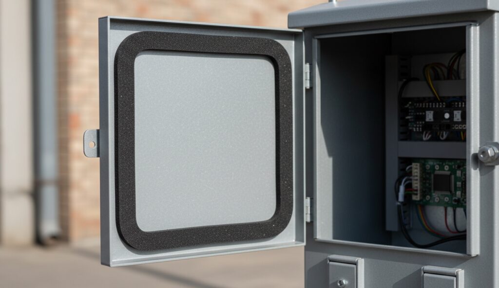 Closed-cell EPDM sponge rubber seal protecting an outdoor electrical enclosure from moisture