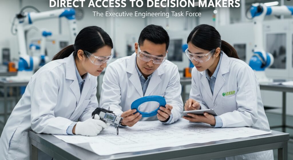 RiseUp manufacturing, quality, and engineering directors analyzing complex custom rubber valve seals and engineering blueprints on the factory floor