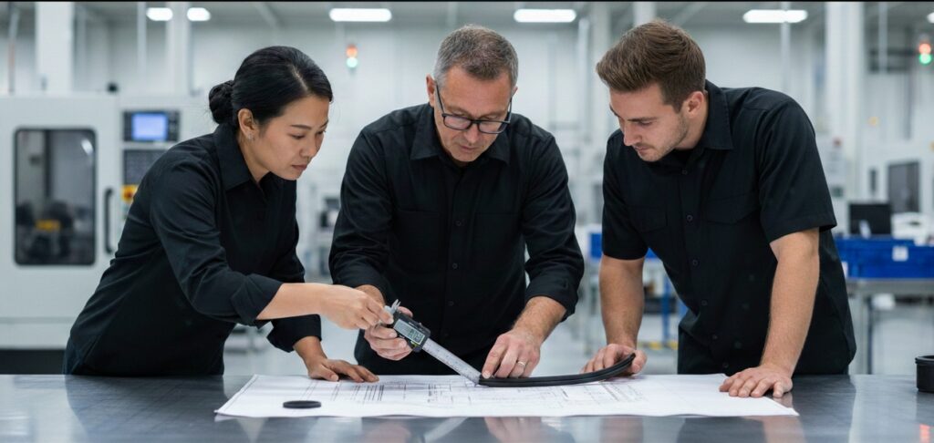 RiseUp manufacturing, quality, and engineering directors analyzing complex custom rubber extrusion profiles and blueprints on the factory floor.