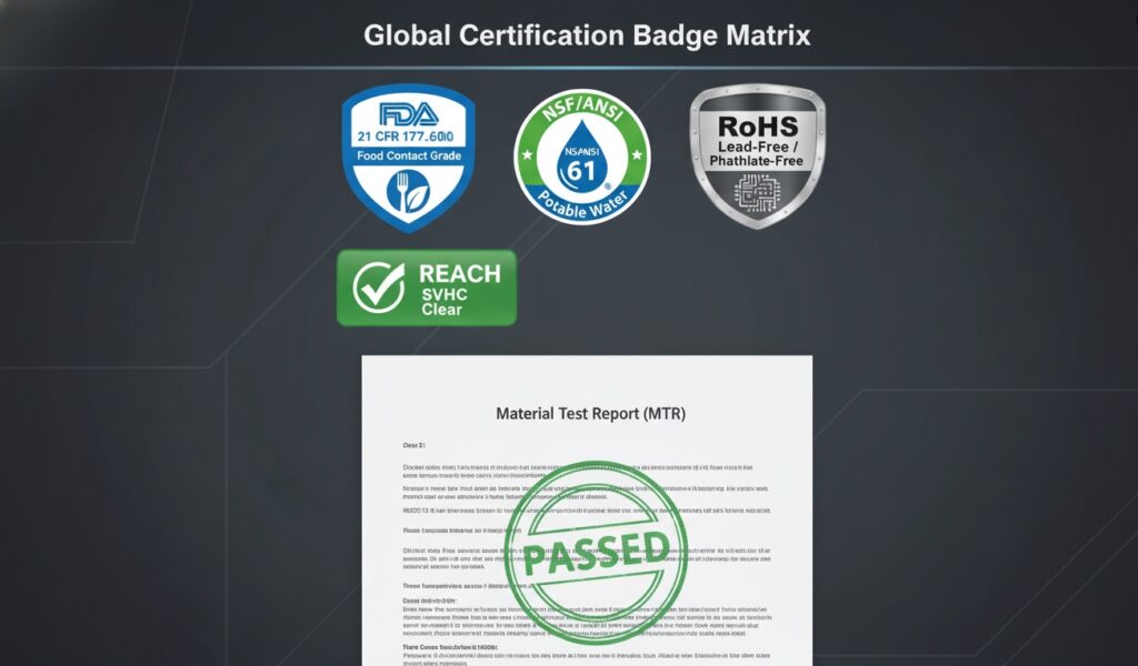 Corporate regulatory compliance certificate matrix exhibiting FDA, NSF-61, REACH, and RoHS technical validations for industrial custom rubber products