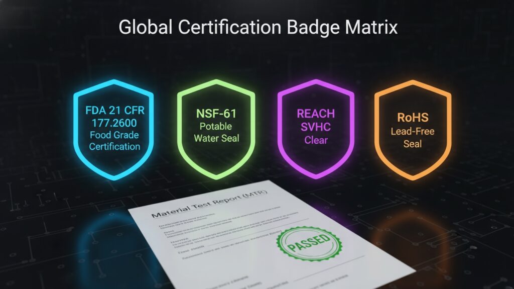 Corporate regulatory compliance matrix displaying FDA, NSF-61, REACH, and RoHS technical certifications for industrial custom rubber products