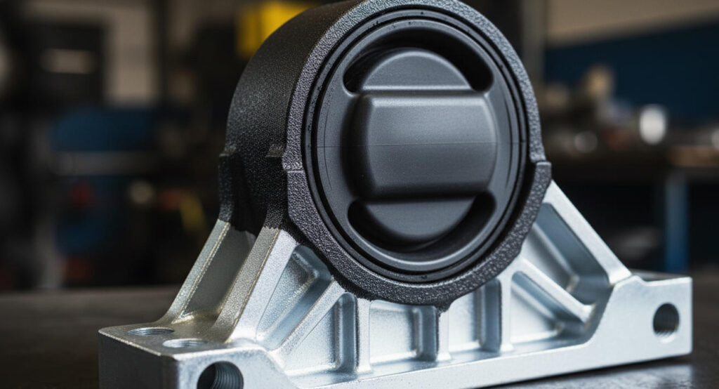 Heavy-duty custom rubber molded parts featuring precise rubber-to-metal bonding on a brass substrate