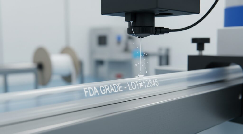 Permanent laser engraved OEM logos and part numbers on medical silicone tubing.