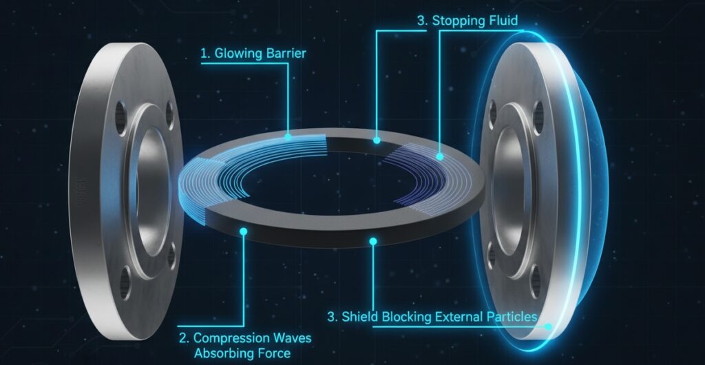 Exploded 3D view showing the core functions of an industrial rubber gasket: leak prevention, shock absorption, and environmental isolation