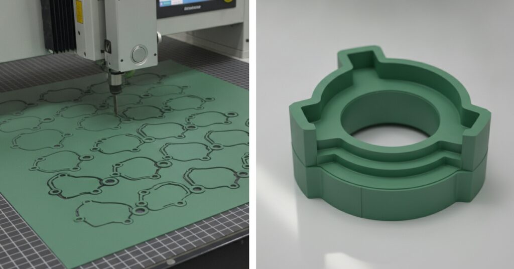 Precision manufacturing of custom HNBR seals showing dieless CNC cutting for zero material waste and high-tolerance rubber molding.