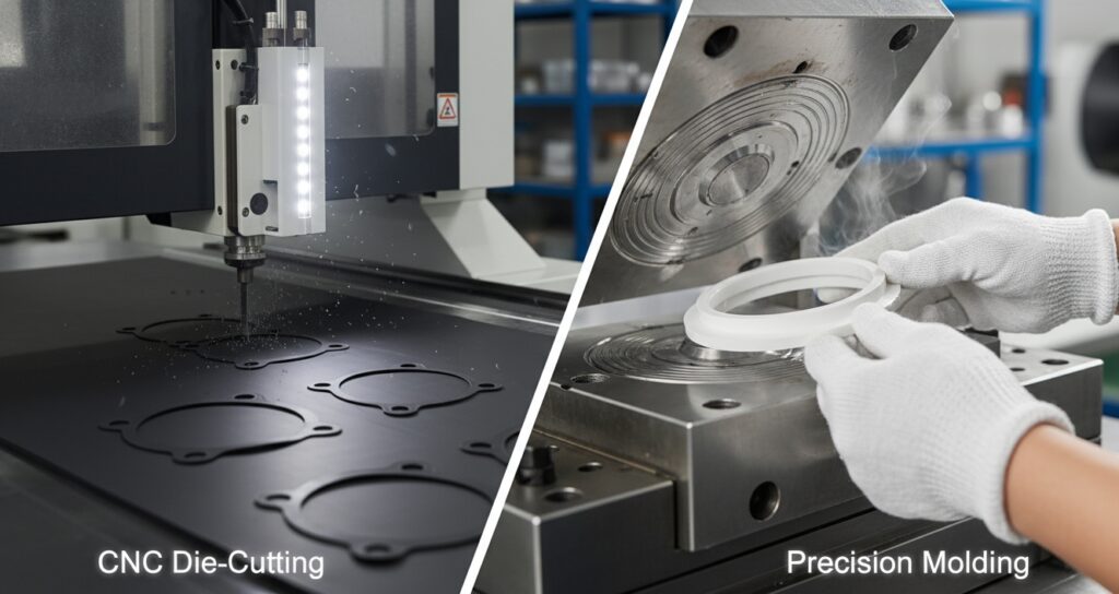 Manufacturing process of custom nitrile gaskets showing precision die-cutting and FDA white rubber molding