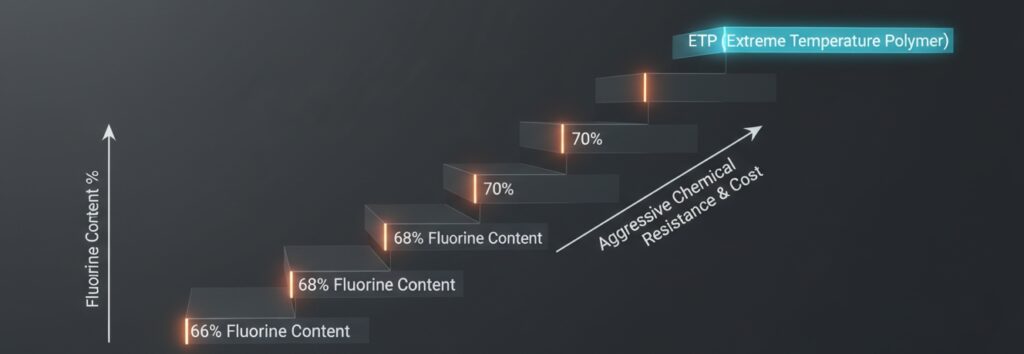 Technical chart explaining the differences between Viton A, B, F, and ETP grades for custom FKM gaskets based on fluorine content