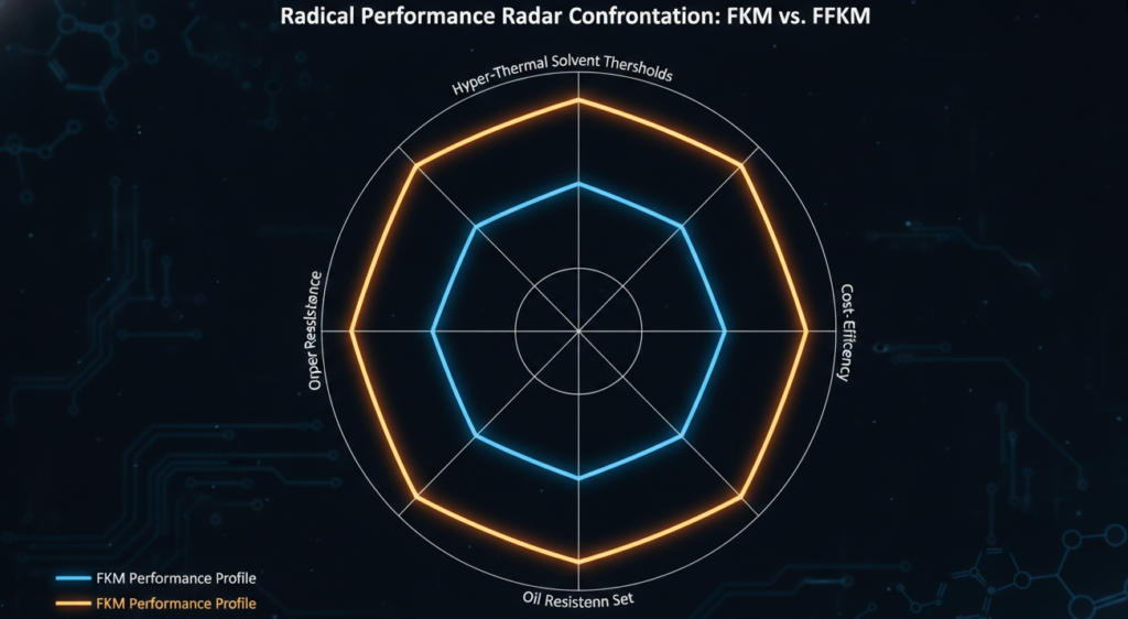 Technical engineering radar chart plotting chemical immunity, explosive decompression, and thermal limits of FKM vs FFKM rubber