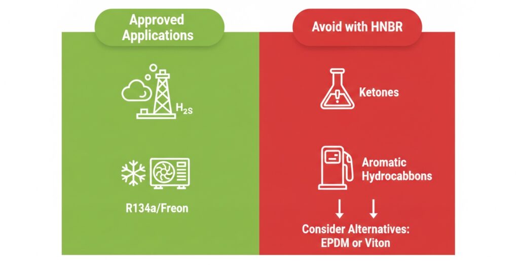 Chemical compatibility guide for HNBR gaskets highlighting sour gas and r134a refrigerant resistance