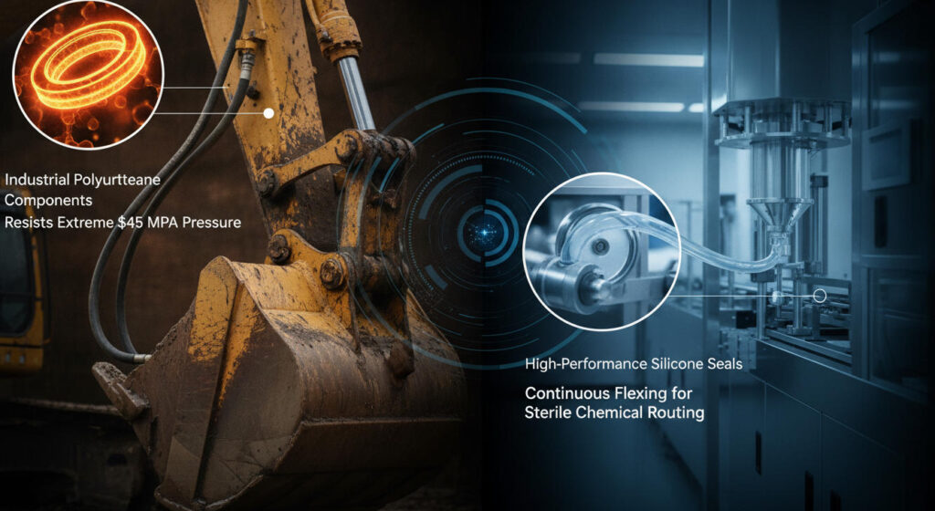 Split-screen technical infographic displaying custom-molded Polyurethane hydraulic seals alongside high-purity medical-grade liquid silicone rubber tubing lines