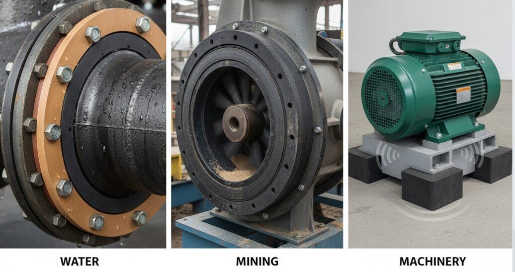 Key industrial applications for natural rubber gaskets including water piping, mining equipment, and heavy machinery vibration isolation