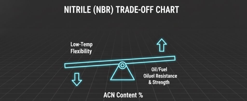 Technical chart explaining how Acrylonitrile (ACN) content affects the oil resistance and flexibility of custom nitrile gaskets