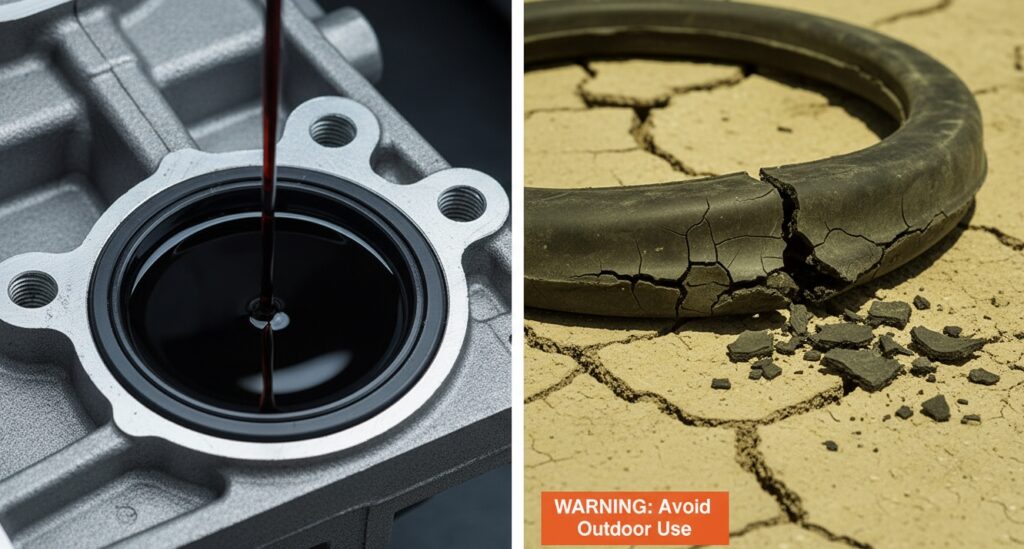 Visual guide showing where to use custom nitrile gaskets for oil resistance and when to avoid UV exposure