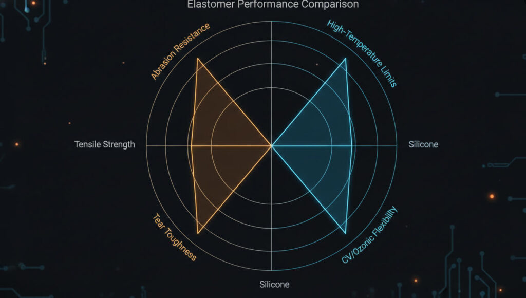 Technical engineering radar chart plotting tensile strength, abrasion resistance, and thermal limits of Polyurethane vs Silicone rubber