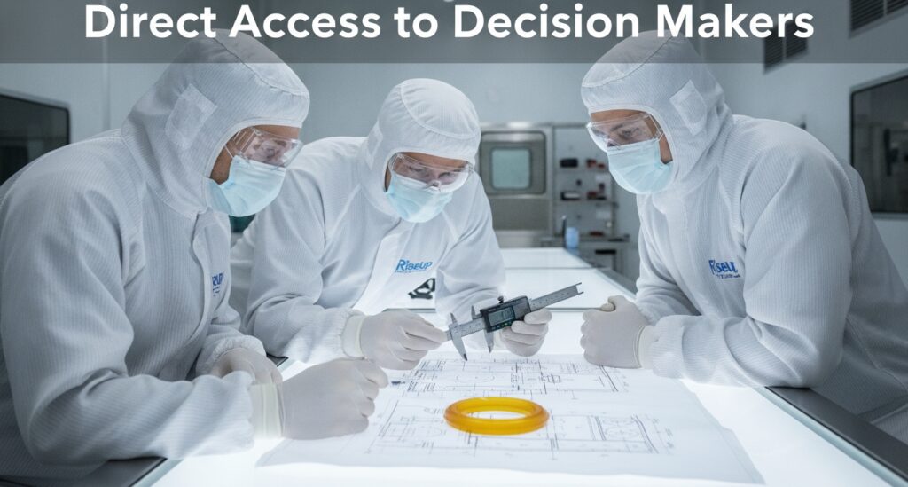RiseUp manufacturing, quality, and engineering directors analyzing complex custom rubber perfluoroelastomer seals and engineering blueprints inside a clean-room factory environment