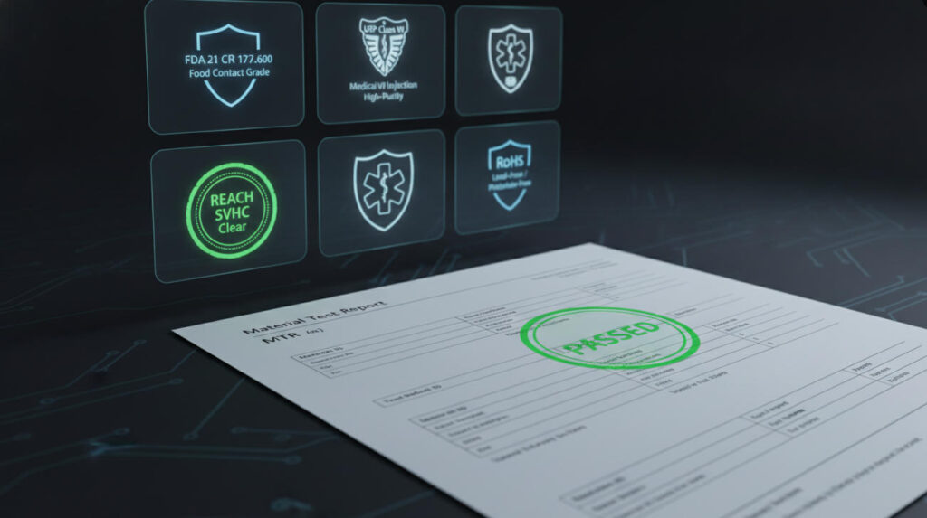 Corporate regulatory compliance certificate matrix exhibiting FDA, USP Class VI, REACH, and RoHS technical validations for industrial custom elastomer products