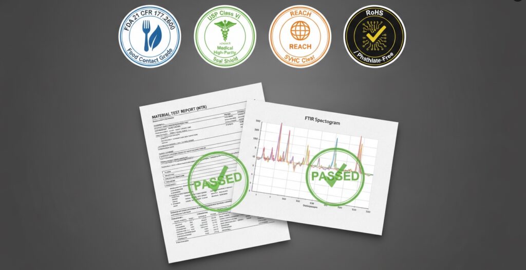 Corporate regulatory compliance matrix displaying FDA, USP Class VI, REACH, and RoHS technical material validations for high-performance custom rubber products