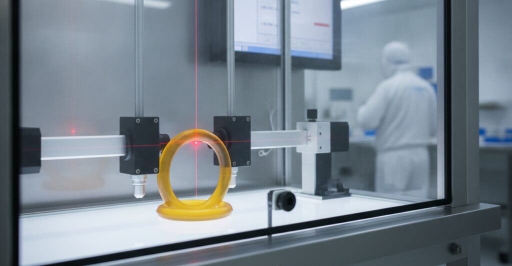 Quality control technician utilizing non-contact laser measurement system to inspect cross-section tolerances and wall dimensions of high-purity custom molded FFKM rubber seals