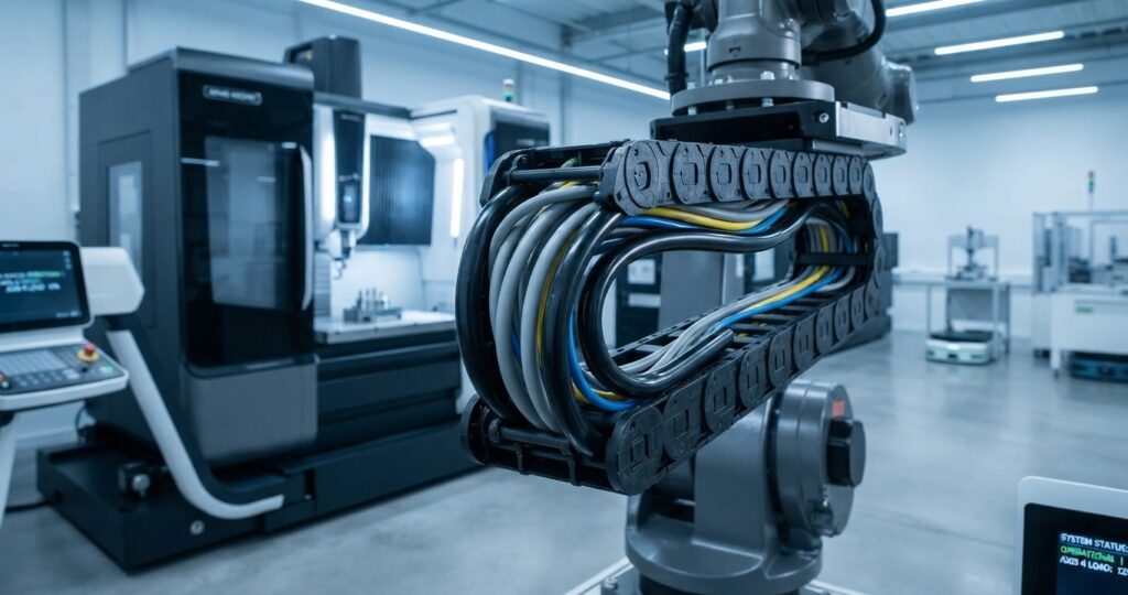 Flexible NBR tubing routed through a mechanical drag chain on an automated CNC industrial machine.