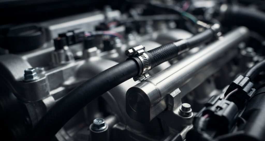 Precision NBR nitrile fuel tube installed in a modern automotive engine compartment routing highly aromatic fuel