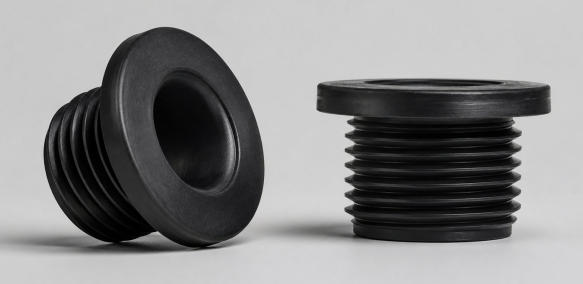 Custom threaded rubber grommet for screw-in installation and mechanical retention