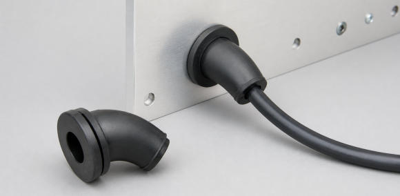 Custom angled rubber grommet for controlled cable and hose routing