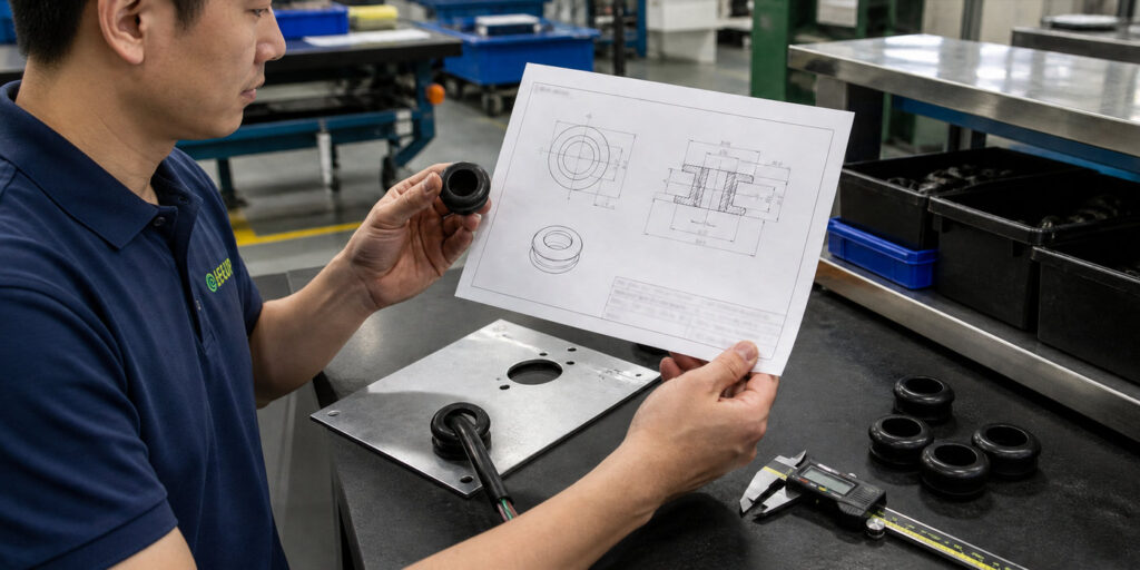 Engineering review for a custom rubber grommet drawing and mating assembly