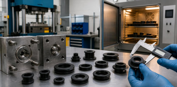 Custom rubber grommets with a precision mold, post-curing equipment, and dimensional inspection tools