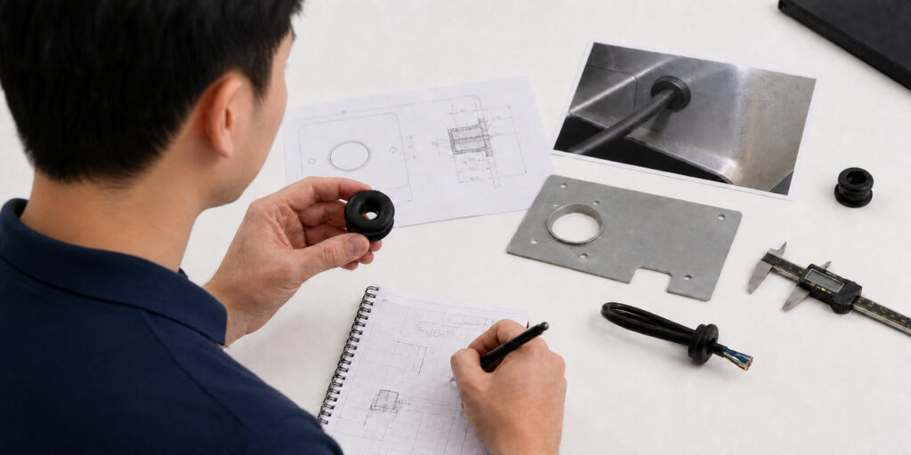 Initial review of a custom rubber grommet drawing sample and application