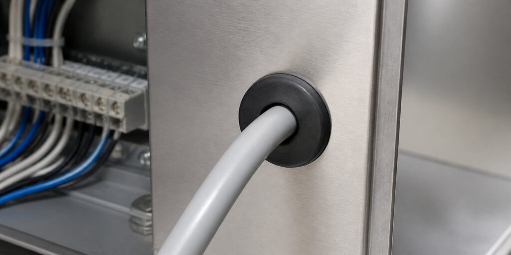 Electrical rubber grommet protecting a cable through a metal enclosure