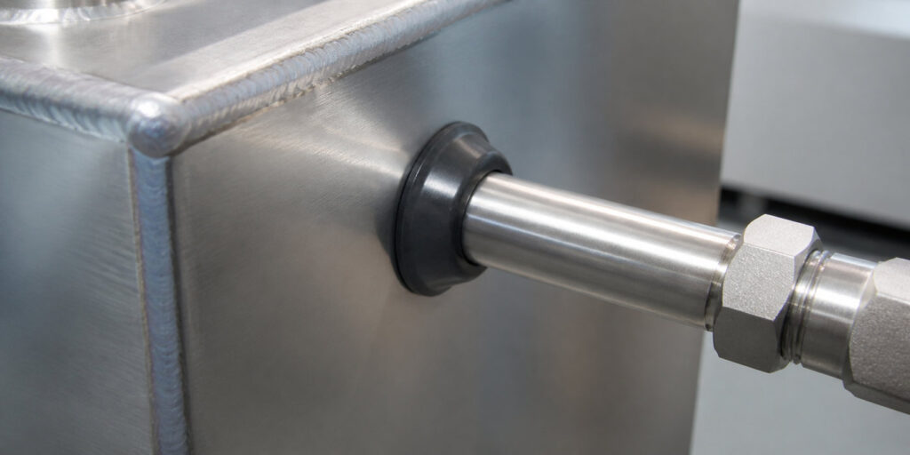 Fuel tank rubber grommet fitted around a tube connection