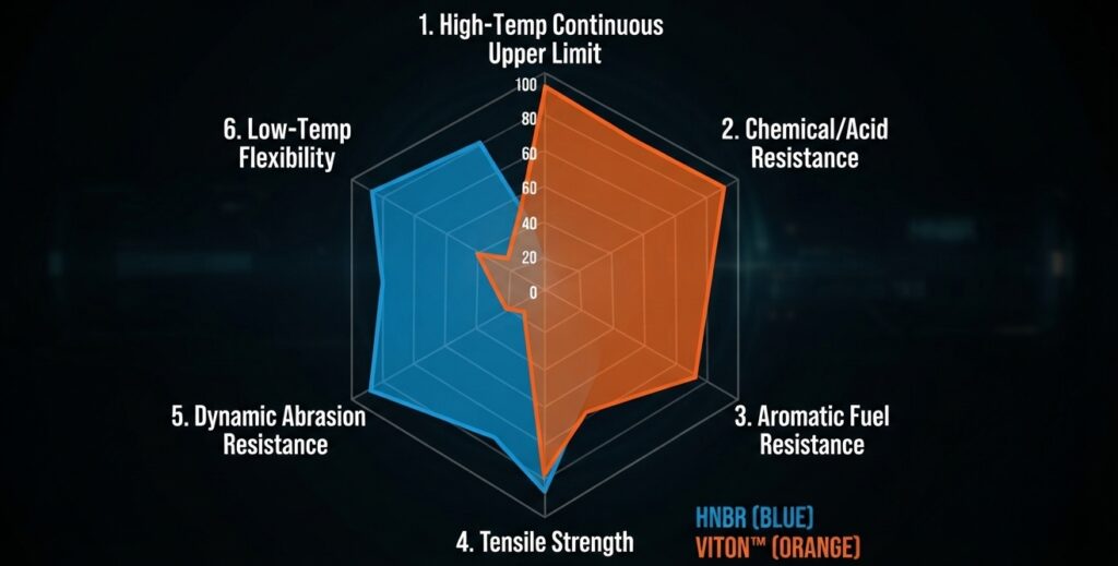 Technical engineering diagram illustrating the saturated backbone of HNBR rubber compared to the fluorinated carbon chain of Viton FKM under chemical attack
