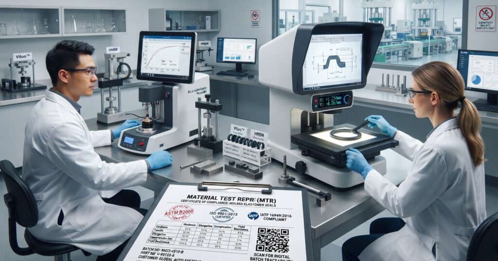 Quality control technician testing Shore A hardness and seal lip dimensions of custom HNBR and Viton rubber seals in a laboratory