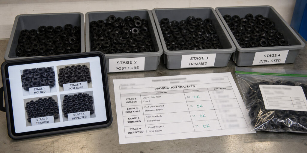 Production progress photographs shared for a custom rubber grommet order