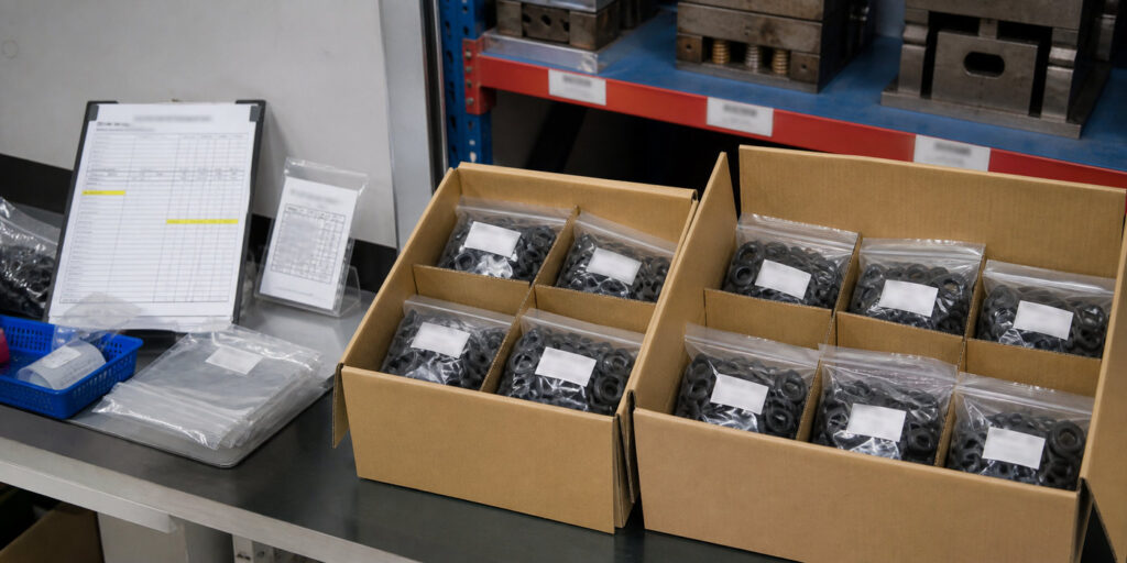 Inspected rubber grommets prepared for delivery and repeat production