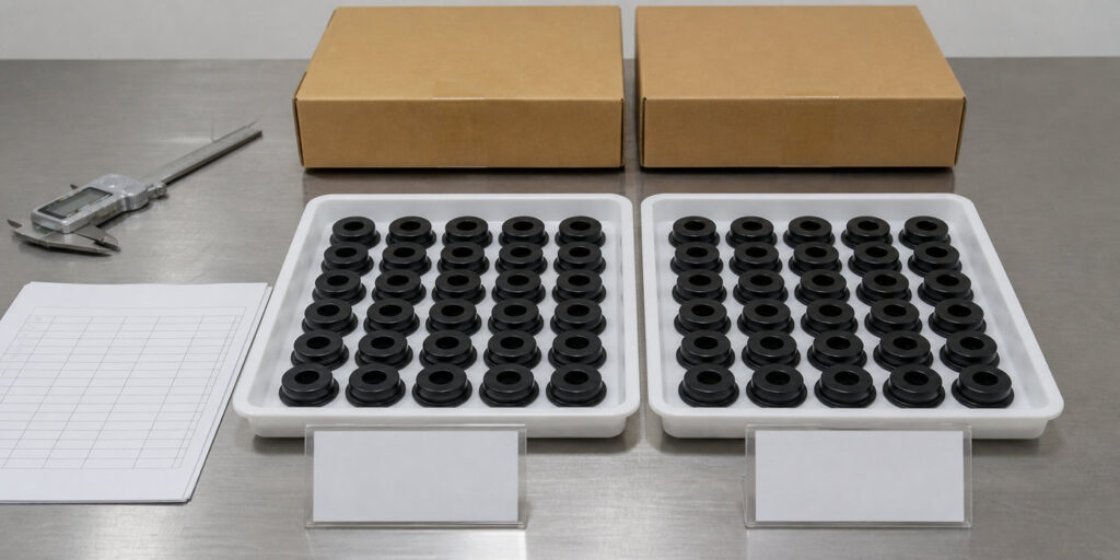 Inspection records and finished custom rubber grommets for a repeat order