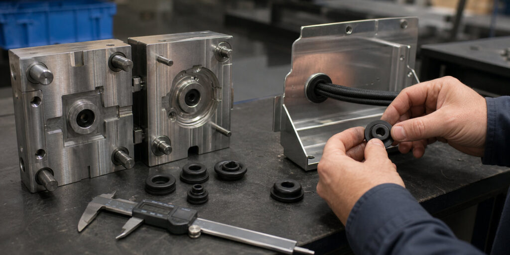 Custom rubber grommet tooling sample production and installation testing