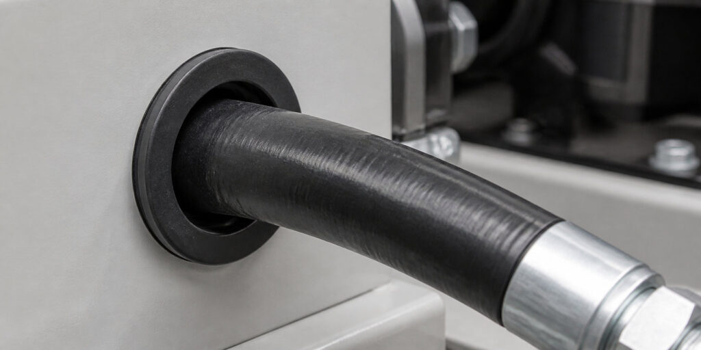 Rubber hose grommet protecting a flexible hose through an equipment panel