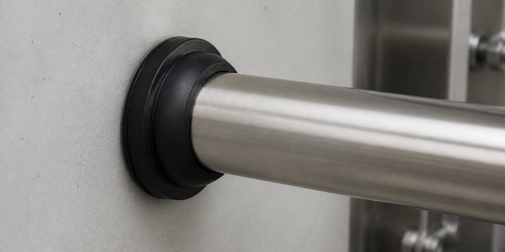 Rubber pipe grommet supporting a pipe through a panel opening