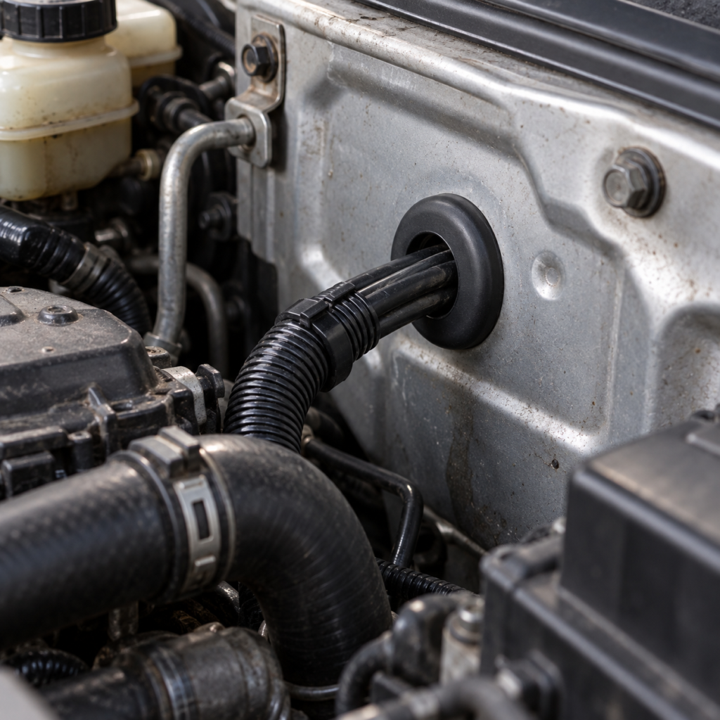 Automotive cable pass-through and engine-bay protection