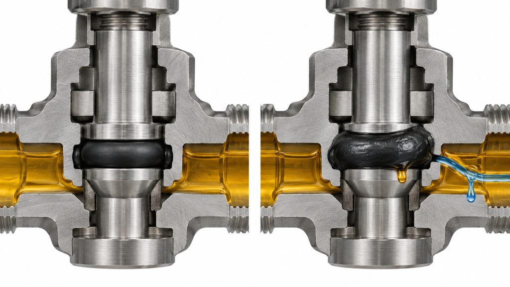 Illustrative swollen EPDM O ring and leakage in a diesel valve